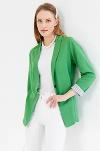 armonika Women's Light Green Striped Inside Sleeve Single Button Jacket - Image 3