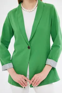 armonika Women's Light Green Striped Inside Sleeve Single Button Jacket - Image 4