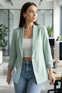 armonika Women's Mint Sleeve Striped Single Button Jacket - Image 3