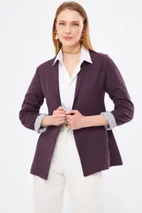 armonika Women's Plum Sleeve Striped Single Button Jacket