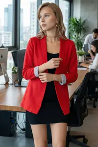 armonika Women's Red Sleeve Striped Single Button Jacket - Image 2