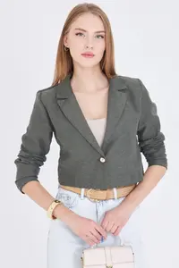 armonika Women Khaki Tek buttoned Crop Jacket - Image 5