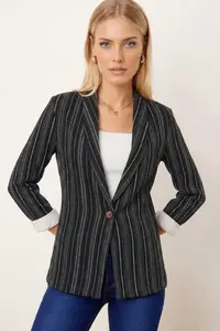 armonika Women's Black-White Shawl Collar Sleeves Garnished Single Button Jacket - Image 2