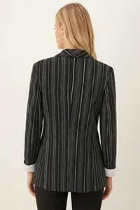armonika Women's Black-White Shawl Collar Sleeves Garnished Single Button Jacket - Image 3