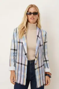 armonika Women's Blue-Purple Shawl Collar Sleeves Garnished Single Button Jacket
