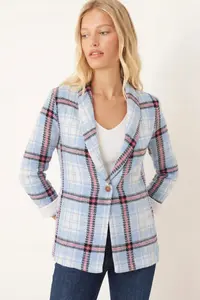 armonika Women's Blue White Shawl Collar Sleeves Garnished Single Button Jacket - Image 2