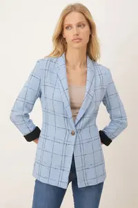armonika Women's Blue Shawl Collar Sleeves Garnished Single Button Jacket - Image 2