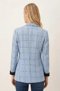 armonika Women's Blue Shawl Collar Sleeves Garnished Single Button Jacket - Image 3