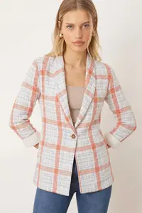 armonika Women's Light Blue Shawl Collar Sleeves Garnished Single Button Jacket - Image 2