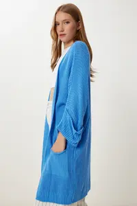 Happiness İstanbul Women's Blue Oversize Long Pocket Knitwear Cardigan