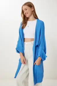 Happiness İstanbul Women's Blue Oversize Long Pocket Knitwear Cardigan - Image 2