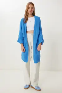Happiness İstanbul Women's Blue Oversize Long Pocket Knitwear Cardigan - Image 3