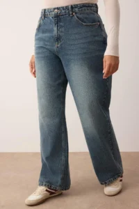 Trendyol Curve Mavi Soluk Efekt Vintage High Waist Wide Leg 100% Cotton Non-Stretch Wide Leg jeans - Image 3