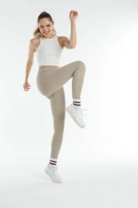 Domoda Beige High Waist, Ribbed, Elastic Interlock Waist Knitted Women's Tights @tivoli - Image 3