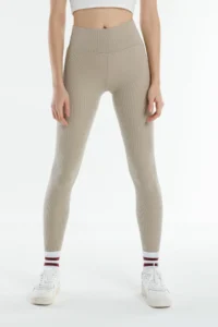Domoda Beige High Waist, Ribbed, Elastic Interlock Waist Knitted Women's Tights @tivoli - Image 5
