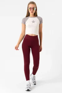 Domoda Burgundy High Waist, Ribbed, Elastic Interlock Waist Knitted Women's Tights @tivoli - Image 3