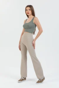 Domoda Beige High Waist, Ribbed, Smoothing Camisole Spanish Fit And Flare Knitted Tights - Image 2