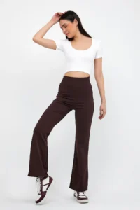 Domoda Brown High Waist, Ribbed, Smoothing Camisole Spanish Fit And Flare Knitted Tights - Image 3