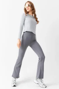 Domoda Gray High Waist, Ribbed, Smoothing Camisole Spanish Fit And Flare Knitted Tights