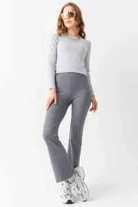 Domoda Gray High Waist, Ribbed, Smoothing Camisole Spanish Fit And Flare Knitted Tights - Image 2