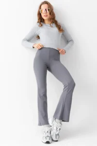 Domoda Gray High Waist, Ribbed, Smoothing Camisole Spanish Fit And Flare Knitted Tights - Image 3
