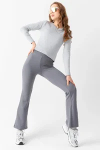 Domoda Gray High Waist, Ribbed, Smoothing Camisole Spanish Fit And Flare Knitted Tights - Image 4