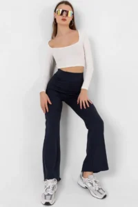 Domoda Navy Blue High Waist, Ribbed, Comfortable Camisole Spanish Fit And Flare Knitted Tights