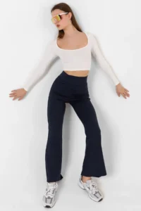 Domoda Navy Blue High Waist, Ribbed, Comfortable Camisole Spanish Fit And Flare Knitted Tights - Image 7