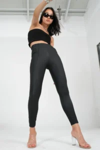 Domoda Black High Waist, Slimming, Firming Rib Detailed Faux Leather Raised Tights