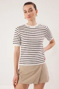 TRENDYOLMİLLA Bonnet Striped Basic Viscose Blended Knitwear Thin Blouse - Image 8