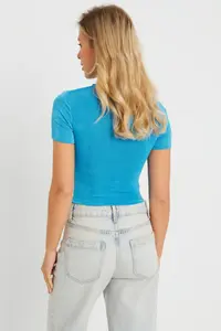 Cool & Sexy Women Pencereli Crop Blouse Blue - Image 3