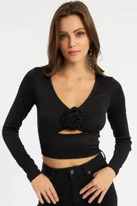Cool & Sexy Women Black Rose Detailed Pencereli Blouse