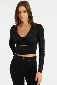 Cool & Sexy Women Black Rose Detailed Pencereli Blouse - Image 2