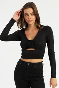 Cool & Sexy Women Black Rose Detailed Pencereli Blouse - Image 5