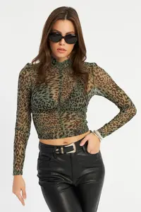 Cool & Sexy Women Khaki Shirred Leopard Tulle Blouse - Image 3