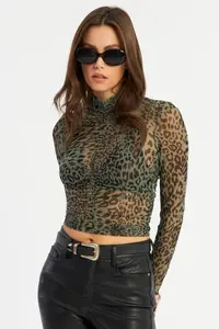 Cool & Sexy Women Khaki Shirred Leopard Tulle Blouse - Image 4