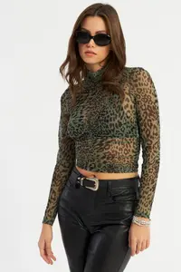 Cool & Sexy Women Khaki Shirred Leopard Tulle Blouse - Image 5