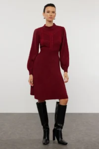TRENDYOLMİLLA Burgundy Mini Knitwear Lace Dress