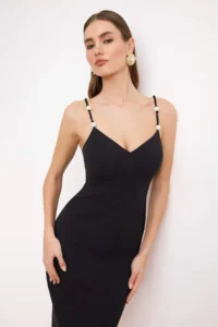 TRENDYOLMİLLA Black Pearl Detailed Weaving Midi Elegant/Evening Dress - Image 2