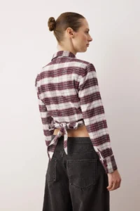 TRENDYOLMİLLA Burgundy-Multicolored Checkered Tie Back Flannel Shirt - Image 4
