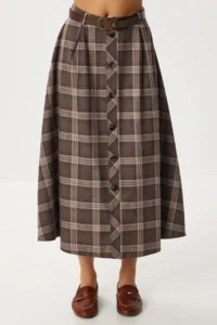 Lovelyİstanbul Belted Checkered Midi Polyviscon Skirt  BROWN - Image 2
