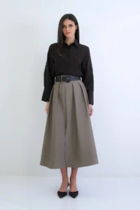 Trend Alaçatı Stili Women's Khaki Thick Belted Zipper Slit Detailed Pleated Midi Length Taffeta Skirt Alc-X15258 - Image 5
