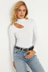 Cool & Sexy Women Ecru Cross Neck Half Turtleneck Blouse - Image 3