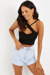 Cool & Sexy Women Black Cross Strap Viscose Crop Blouse