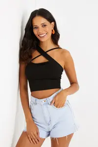 Cool & Sexy Women Black Cross Strap Viscose Crop Blouse - Image 2