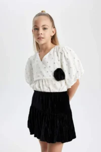 DeFacto Girls' Short Sleeve Patterned Blouse