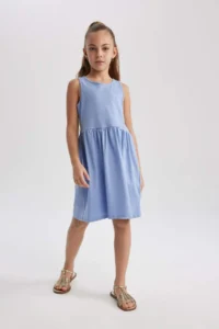 DeFacto Girl's Crew Neck Basic Straight Sleeveless Summer Dress
