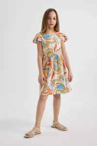 DeFacto Girls' Patterned Short Sleeve Dress