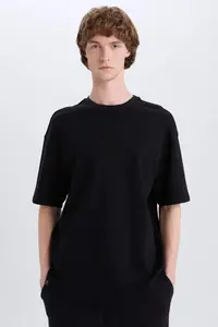 DeFacto Boxy Fit Crew Neck Short Sleeve Basic Plain Waffle T-Shirt