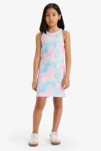DeFacto Batik Patterned Ribbed Camisole Sleeveless Summer Dress Girls